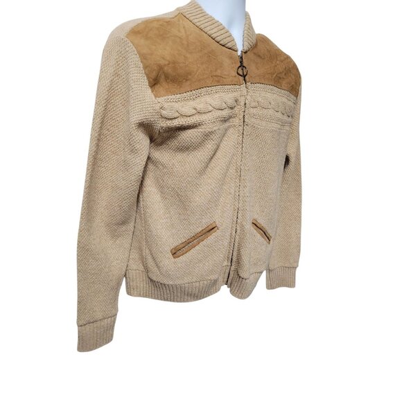 Vintage 1960's Cardigan Mens S/M Full Zip Cardigan Pockets Suede Yoke Tan Brown - Picture 5 of 12
